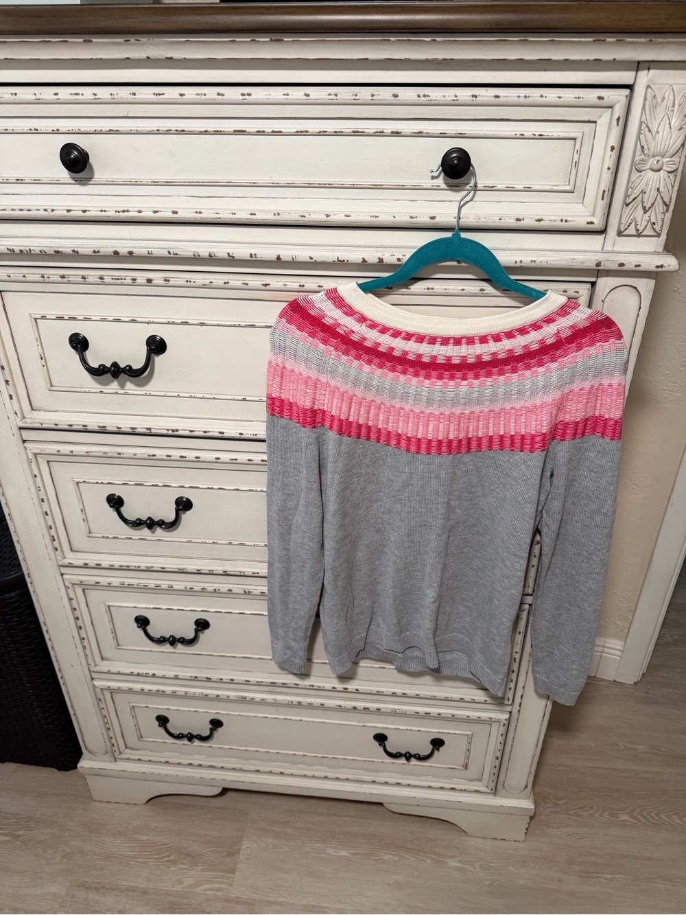 Talbots Gray Sweater with Pink & Cream Striped Yoke